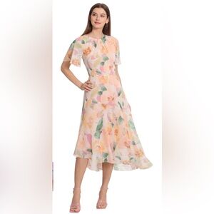 Maggy London Floral Asymmetric Hem Short Flutter Sleeve Midi Dress NWT Size 14W